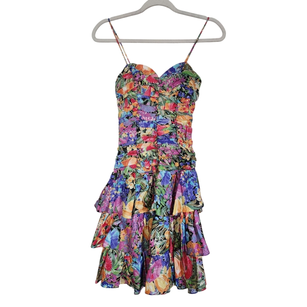 Vtg Avon Fashions Vibrant Floral Tiered Mini Dress 1980s